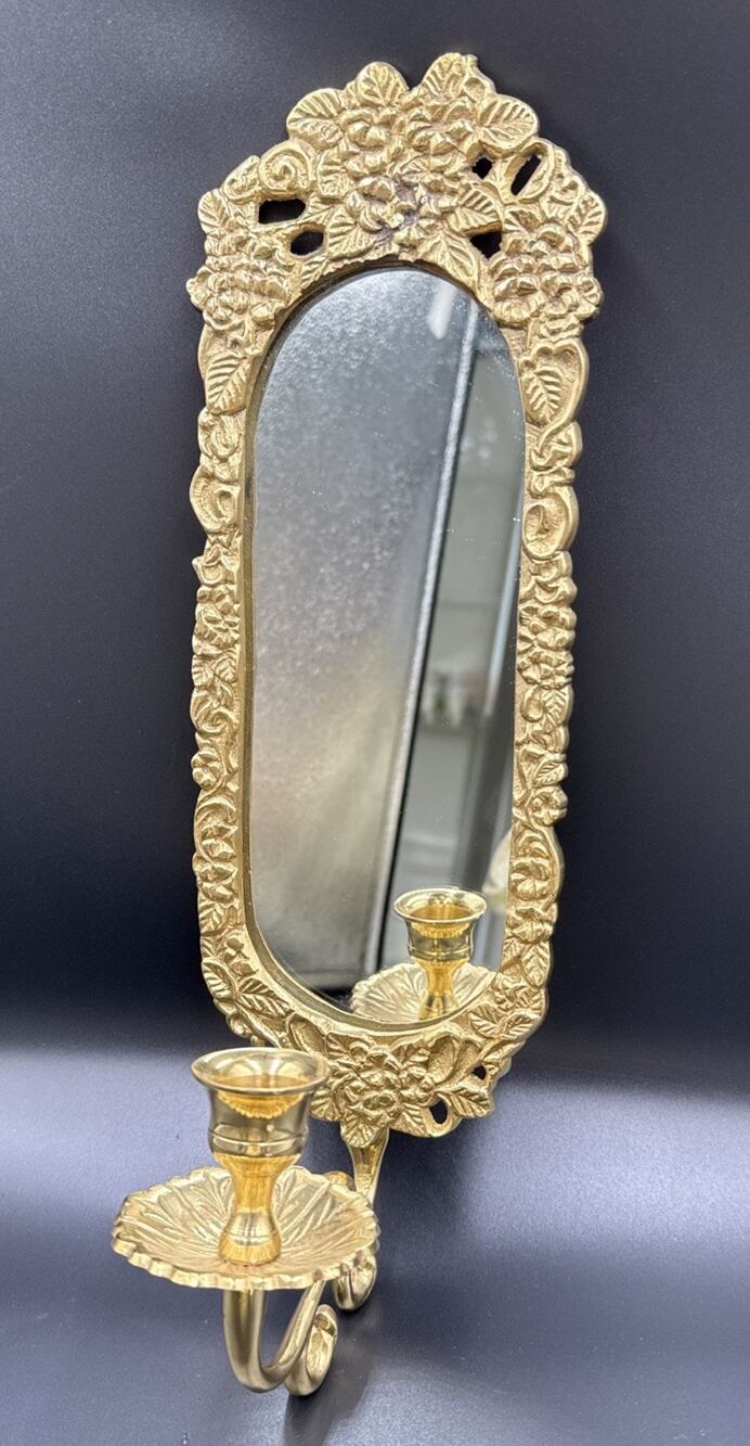 Brass Hollywood Regency Mirrored Sconce Heavy Solid Brass Single Arm